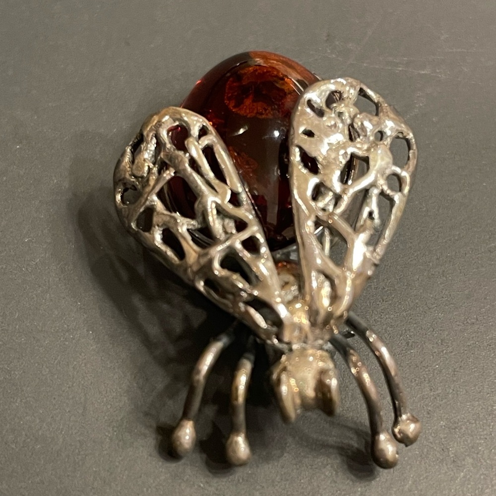 Silver Insect Brooch with Amber Accent